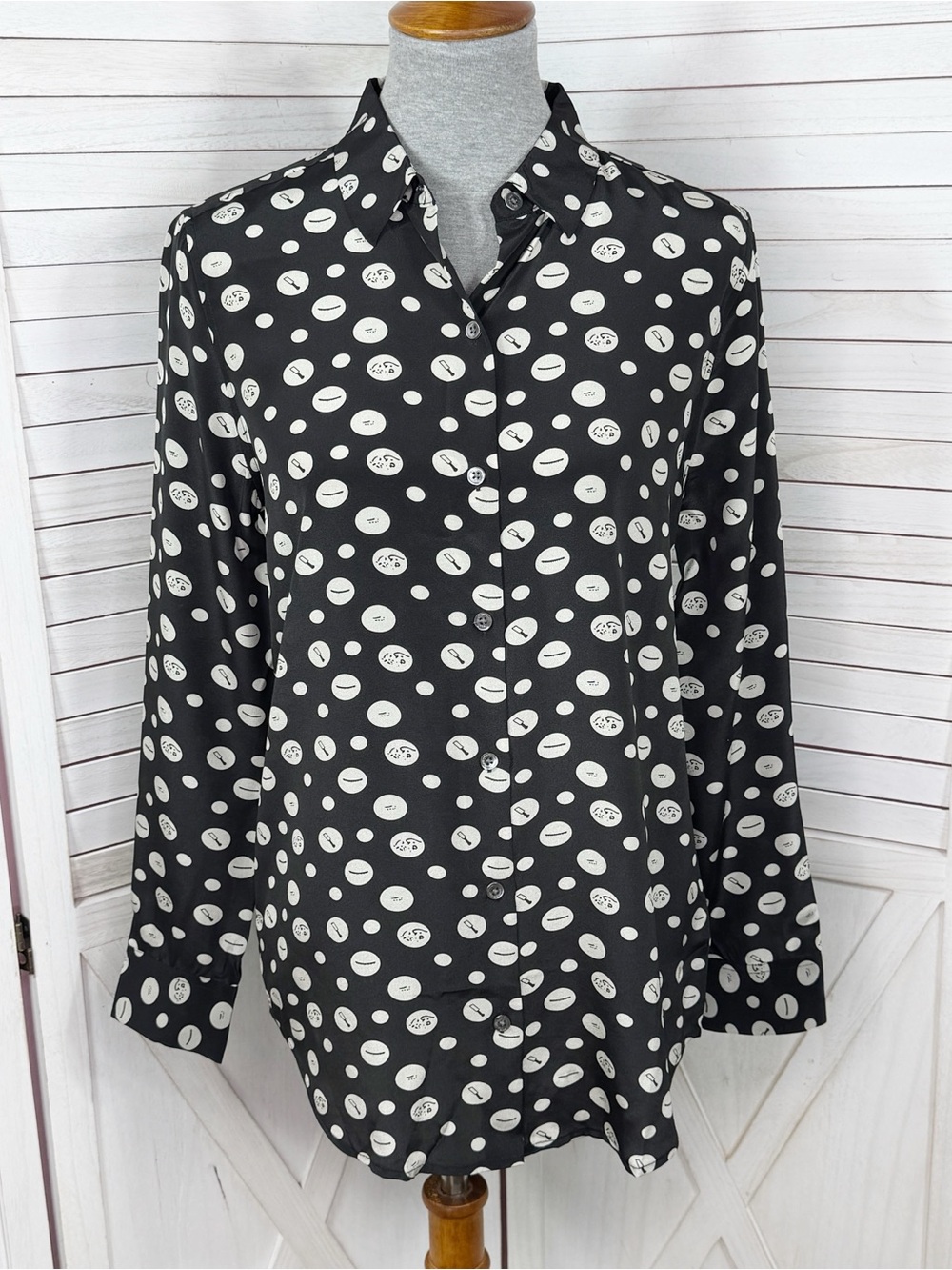 Equipment‎ Printed Polka Dot Silk Button Up Shirt Black White Small